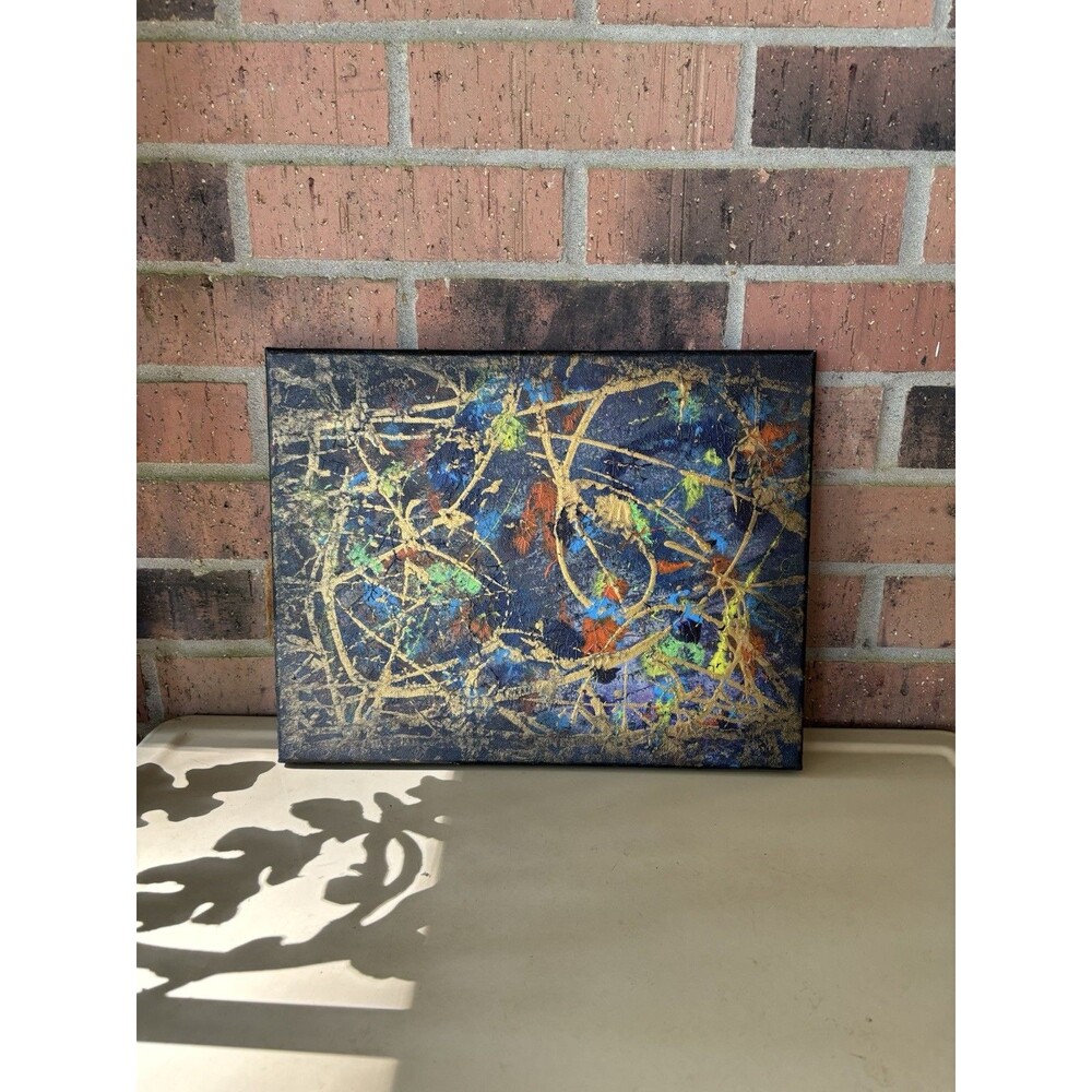 Original 11" X 14" Abstract Splatter Painting Canvas Blue Gold Modern Wall Art - Picture 2 of 7